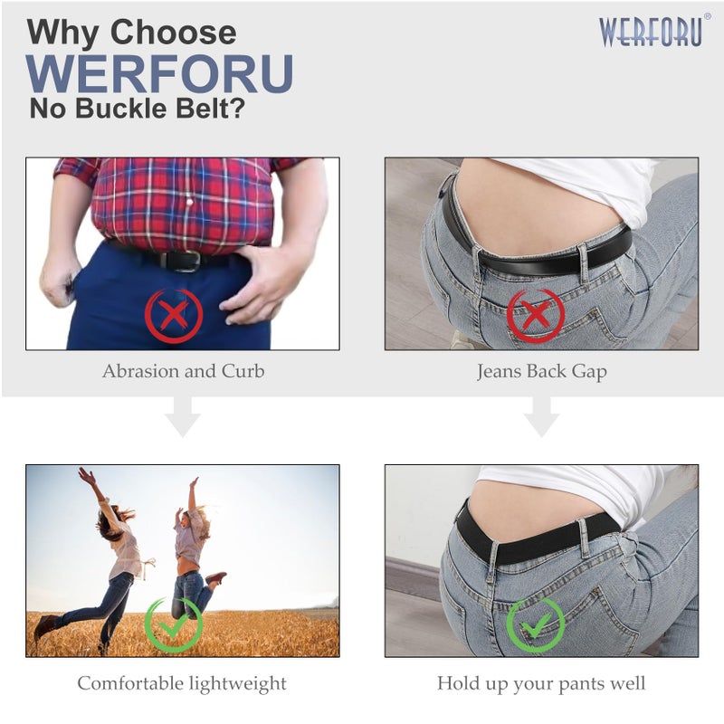 Werforu حزام مرن بدون مشبك WERFORU للنساء والرجال، حزام خصر مرن يصل إلى 72 بوصة للجينز والسراويل، أسود، مقاس السراويل 52-72 بوصة - Image 5